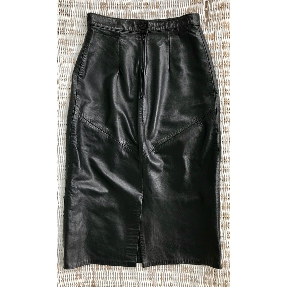 🔥Vintage Couture Black Leather High-Waisted Pencil Skirt w Front Slit - Picture 5 of 10